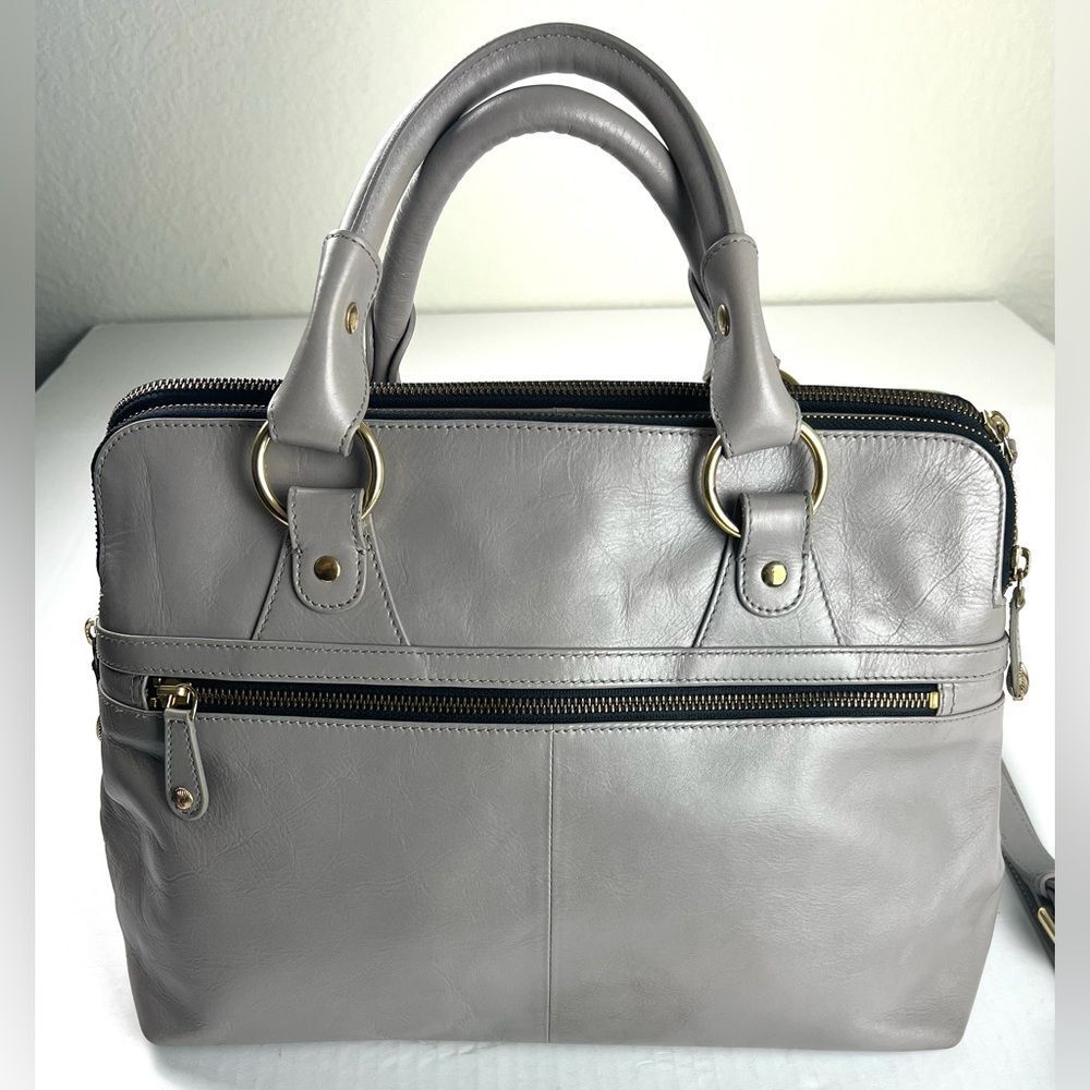 Modalu London Leather Satchel Taupe/Grey Gold Hardware Double Zip Bag - Picture 3 of 16